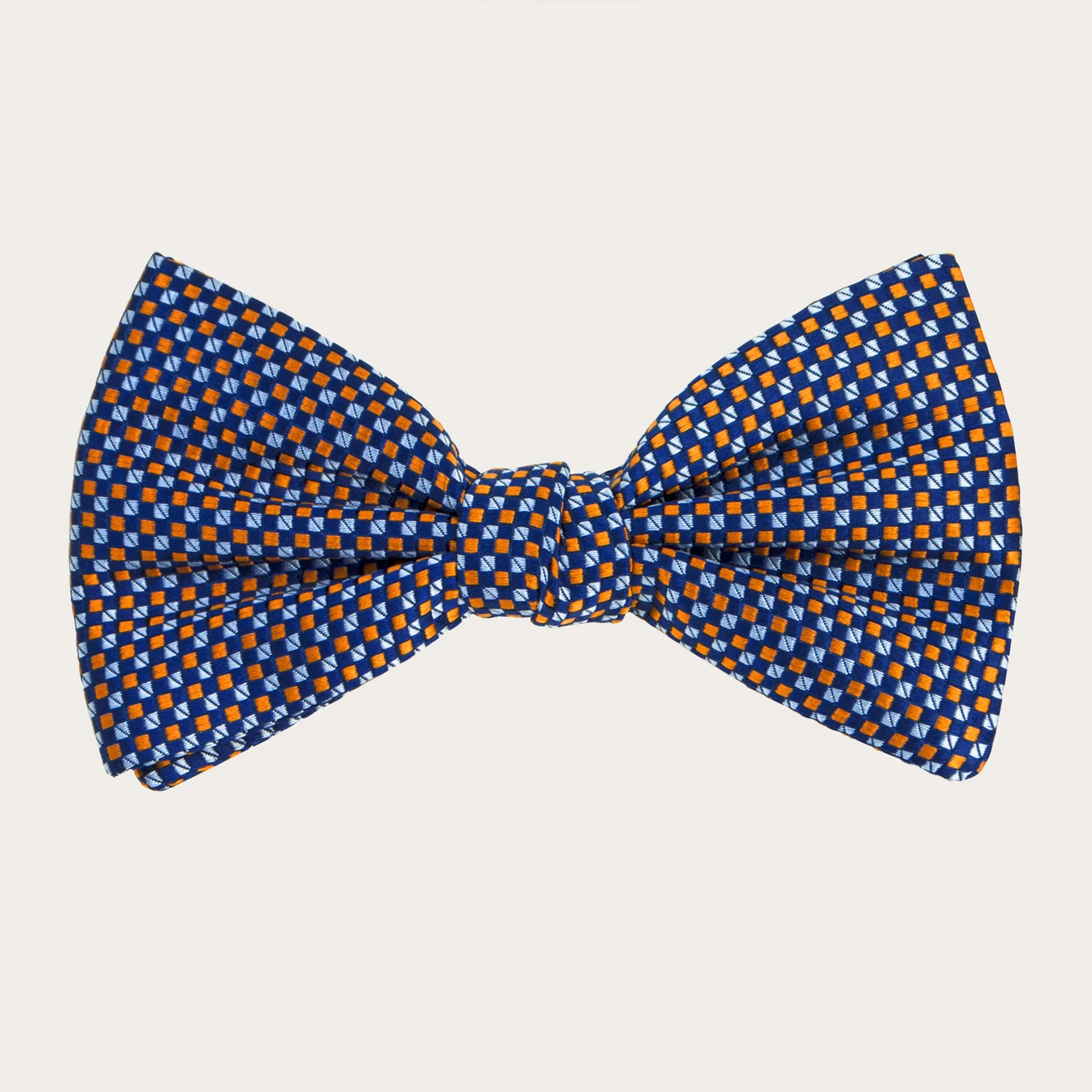 Bretelle e papillon coordinati in seta, fantasia blu e arancione
