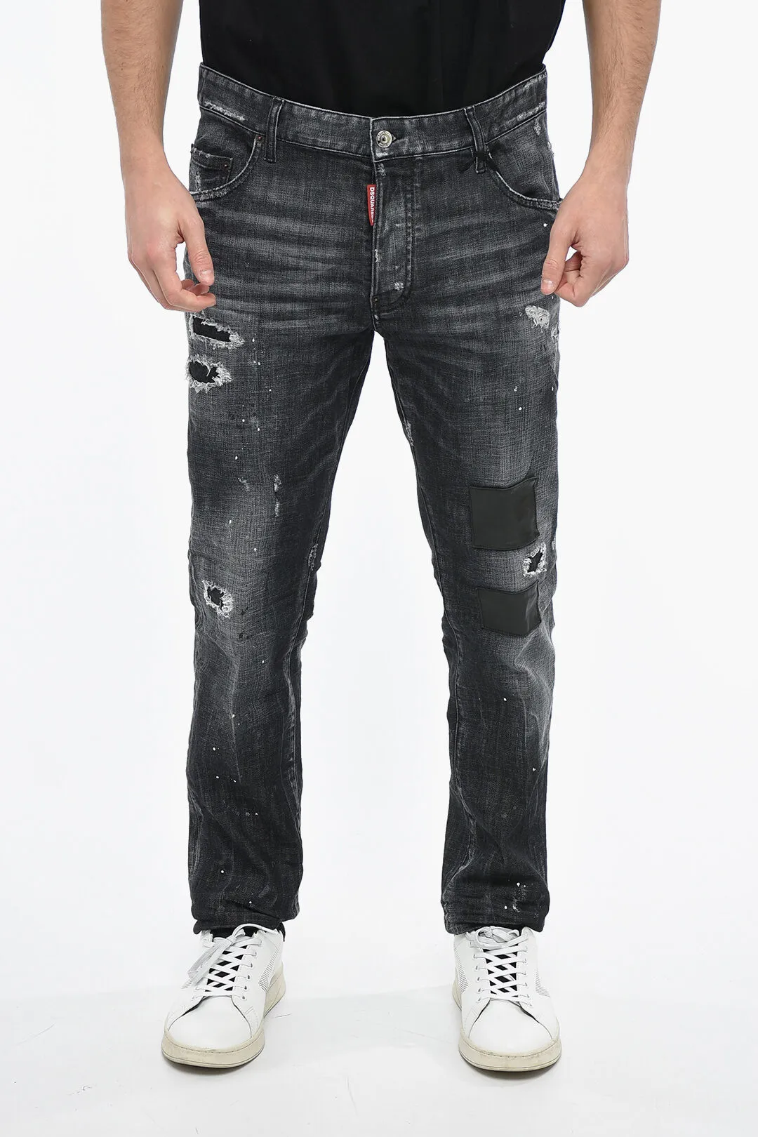Jeans SKATER Distressed con Patch in Pelle 16cm