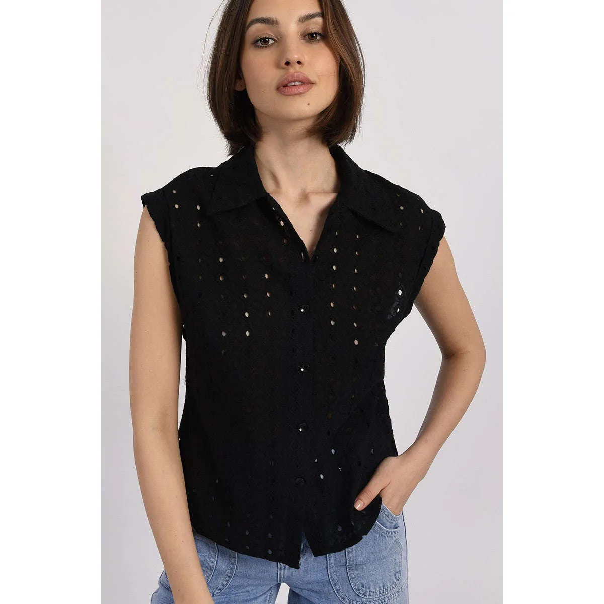 Molly Bracken Donna Camicia Smanicata Pizzo Nera LAR164BP