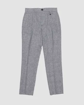 Pantalone carrot fit micro quadretto blu e bianco in cotone e lino 10-16 anni