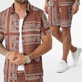 Set camicia a maniche corte e pantaloncini da jogging marrone