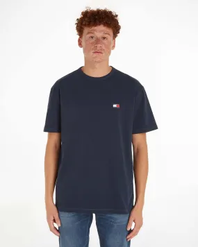 T-shirt blu mezza manica con flag porta logo ricamato sul petto