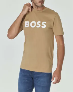 T-shirt color cammello mezza manica con maxi logo Boss bianco stampato