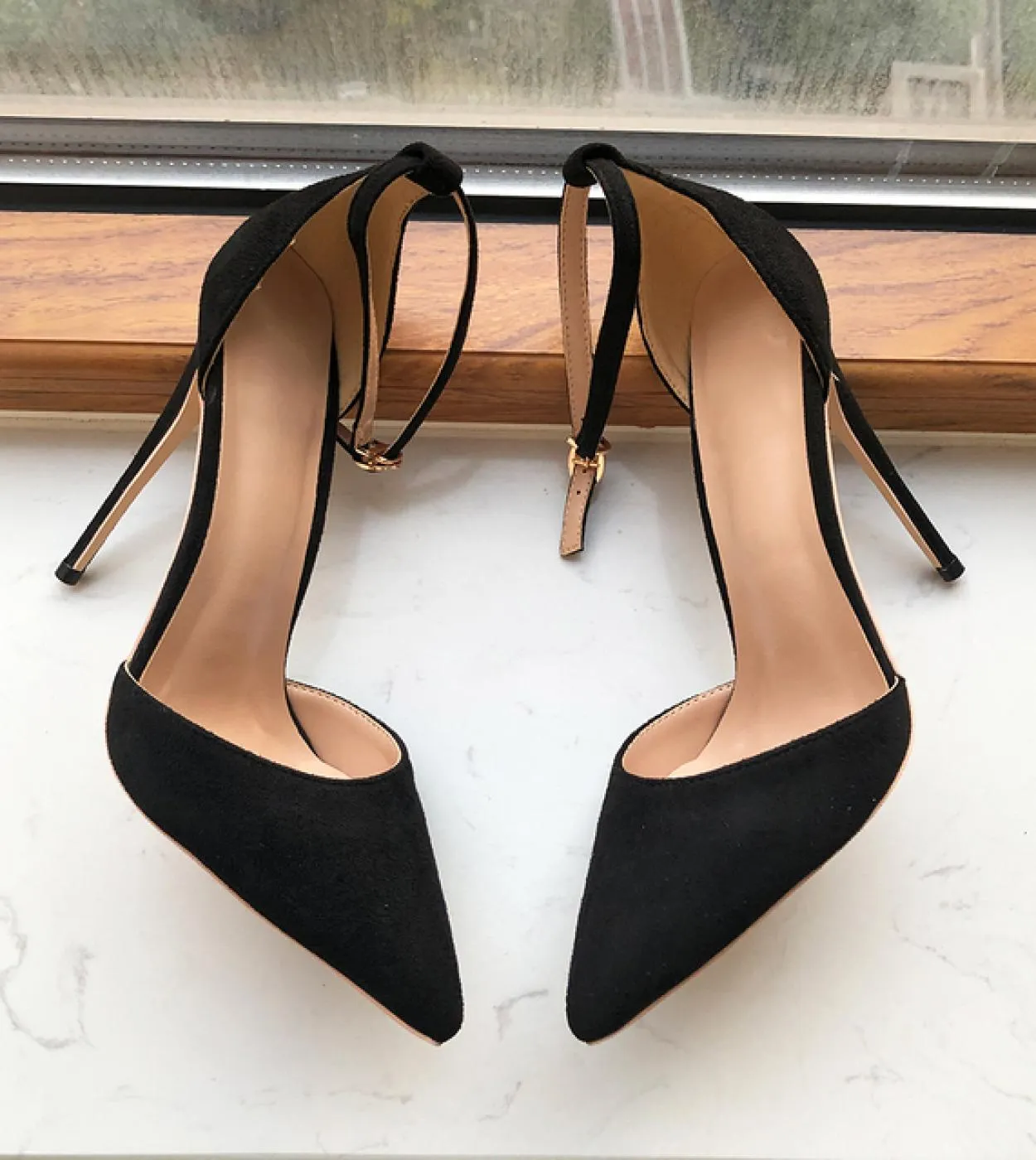 Tikicup Solid Black Flock Women Ankle Strap Pointy Toe High Heel Shoes Dorsay Suede Stiletto Pumps 8cm 10cm 12cm Custom