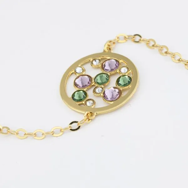 XB1019D Bracciale cerchio centrale placcato oro giallo con cristalli crystal, verde erinite e light ametist    